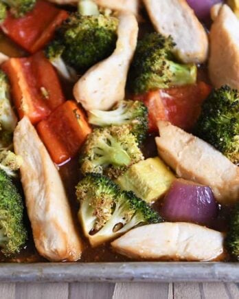 Teriyaki sheet pan dinner loaded with vegetables.