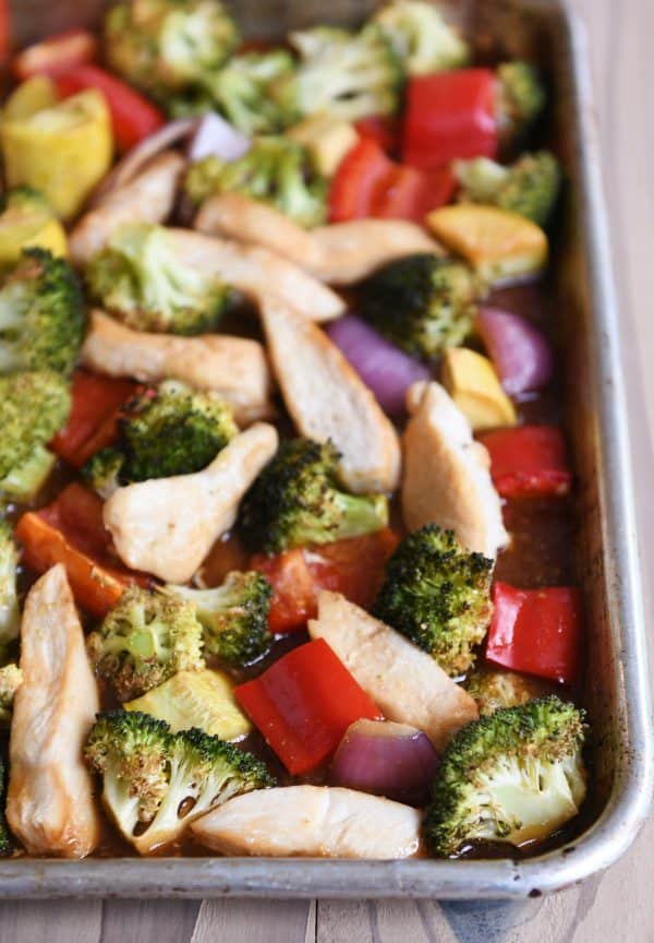 Teriyaki chicken sheet pan dinner with broccoli, peppers and squash.