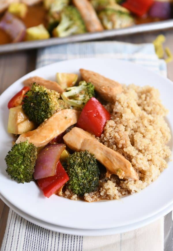 Plated teriyaki chicken and vegetables with quinoa.