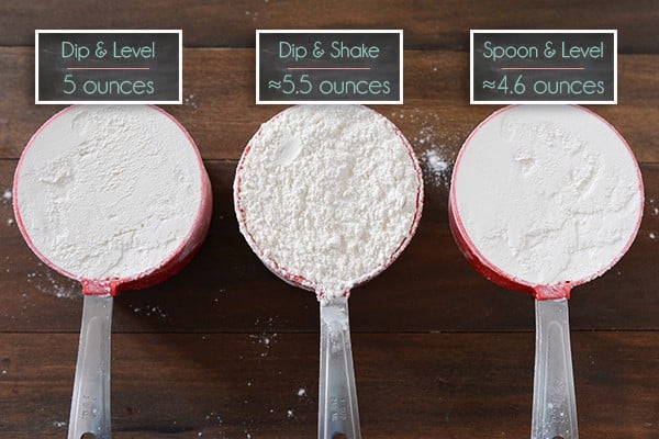 Three red measuring cups with different ounces of flour in each one. 