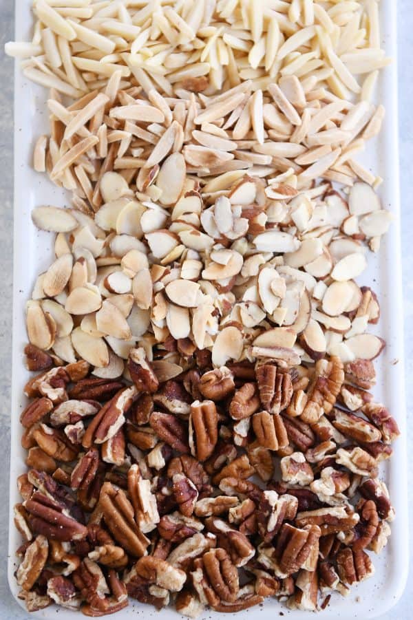 How to toast nuts in the microwave; toasted nuts on white platter.