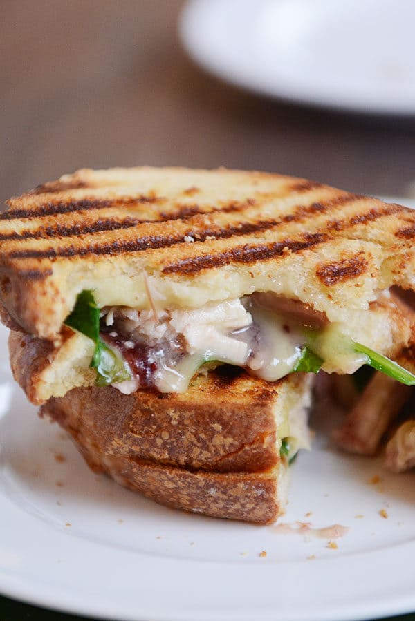 A grilled turkey and cranberry panini on a white plate.