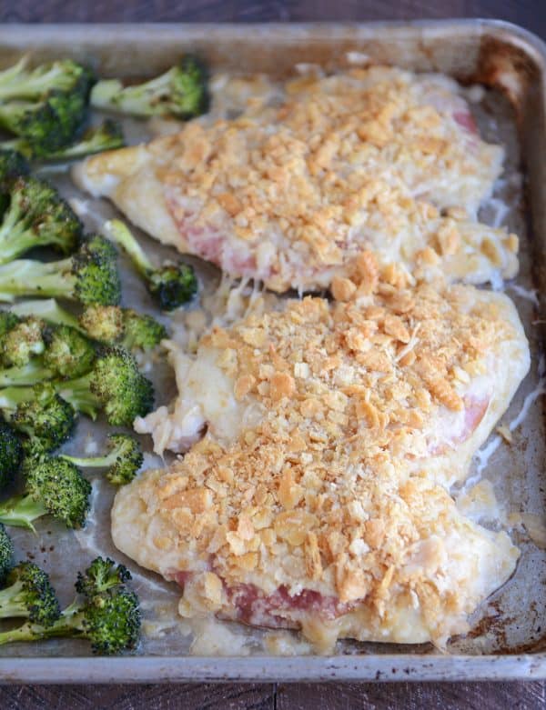 Sheet pan chicken cordon bleu with ritz cracker topping.