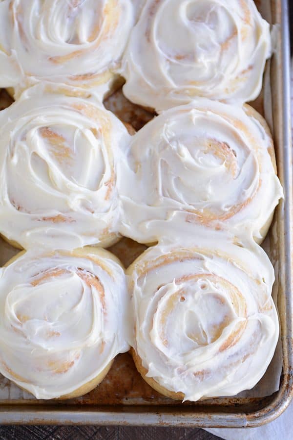 Top view of a pan of frosted cinnamon rolls. 