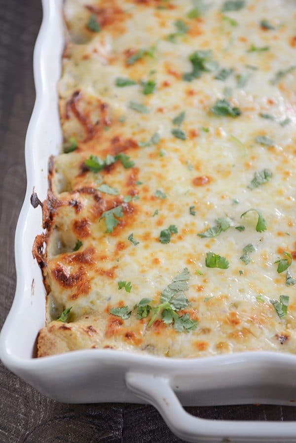 A pan full of baked green chile chicken enchiladas with melted cheese and chopped cilantro covering the top. 