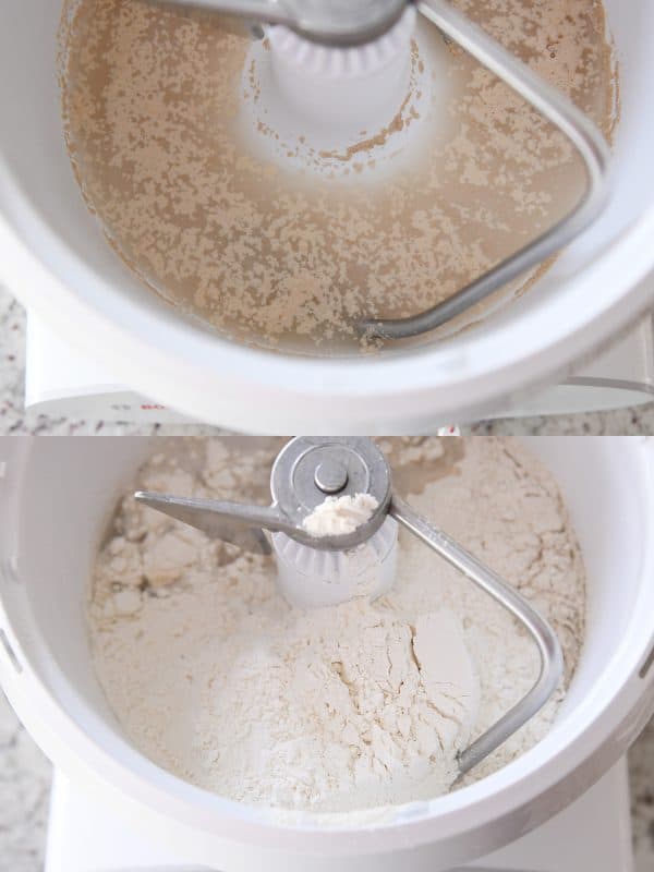 Yeast, water, and flour mixing in a Bosch mixing bowl.