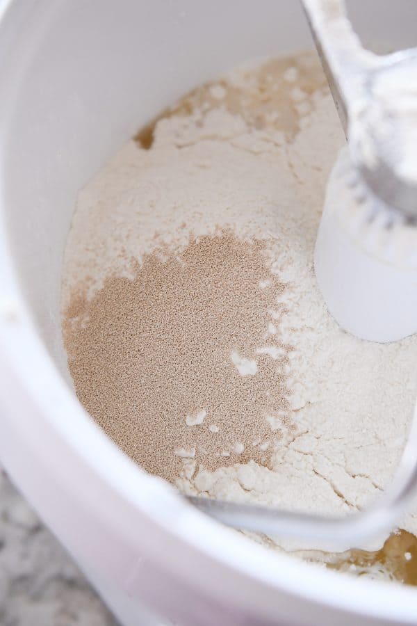 Yeast on top of flour in Bosch mixer.