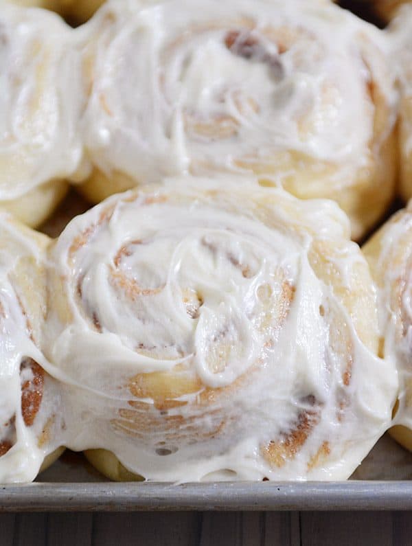 Top view of a pan of frosted cinnamon rolls.