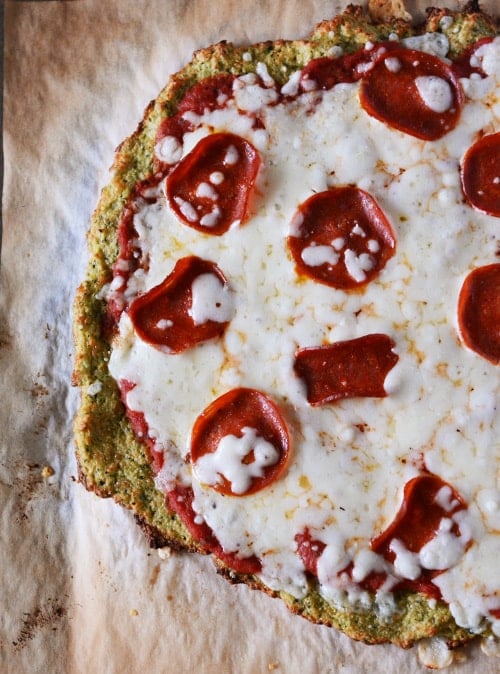 Top view of a pepperoni zucchini crust pizza. 